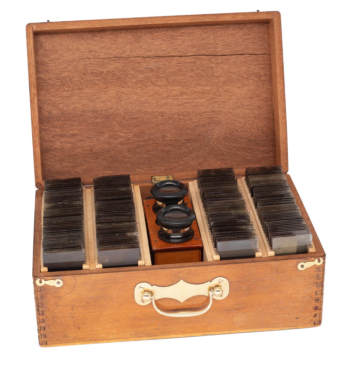 Wooden box with 100 glass stereoviews and a Unis France stereoscope