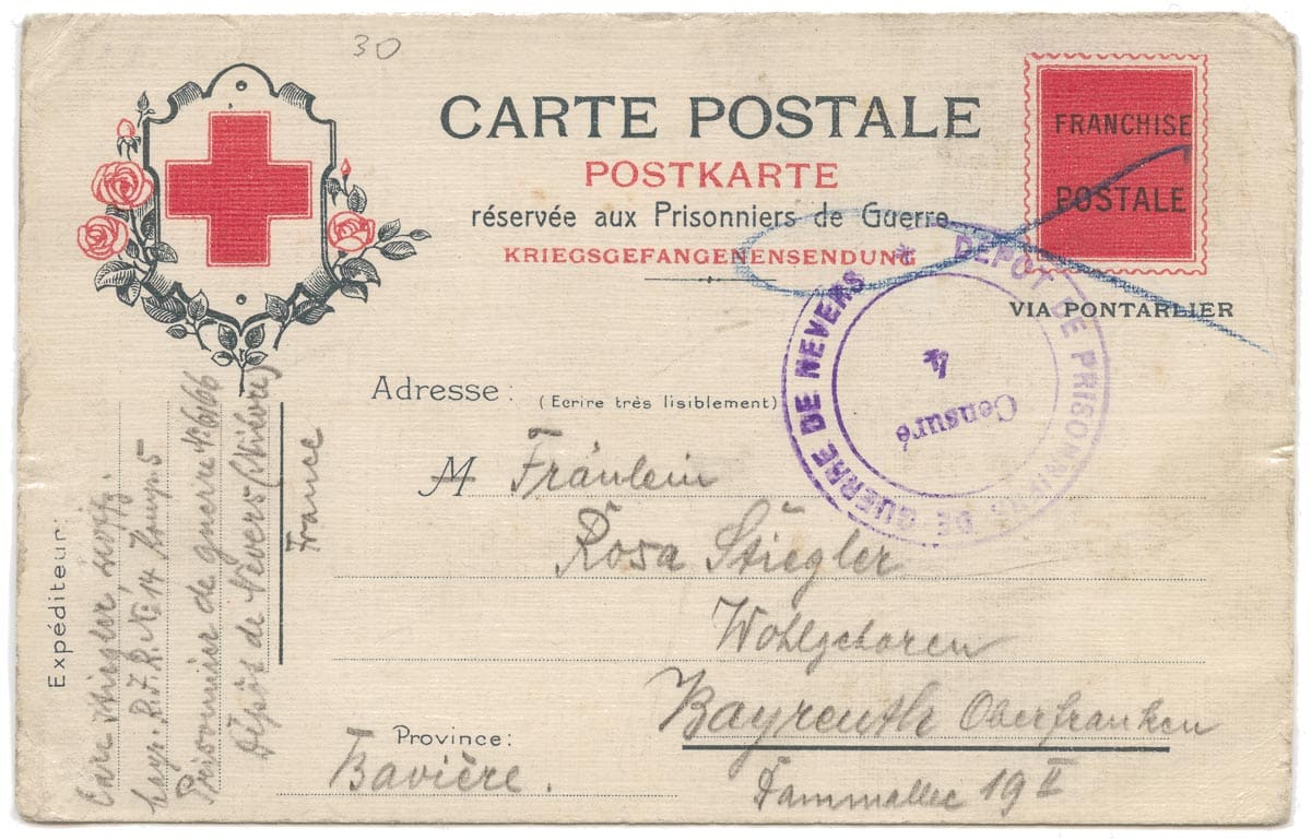 Postcard, sent by a German prisoner of war from Nevers.