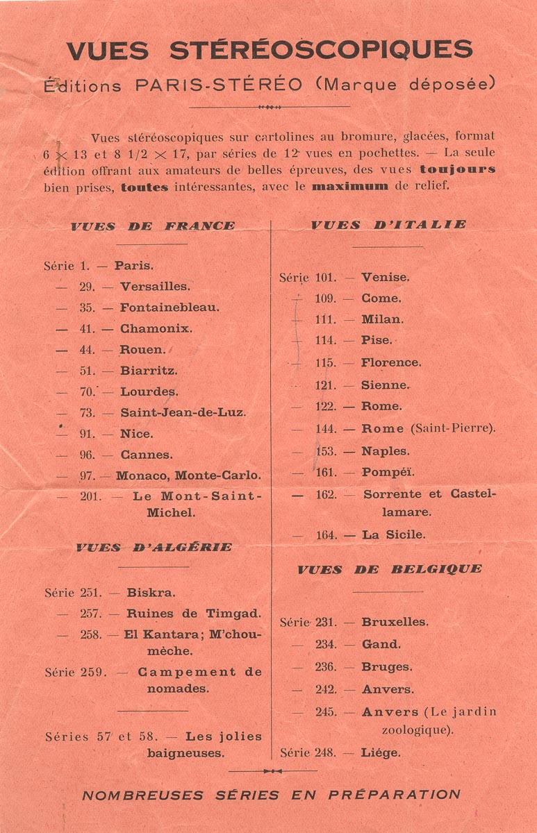 Vues Stéréoscopiques Édition Paris-Stéréo