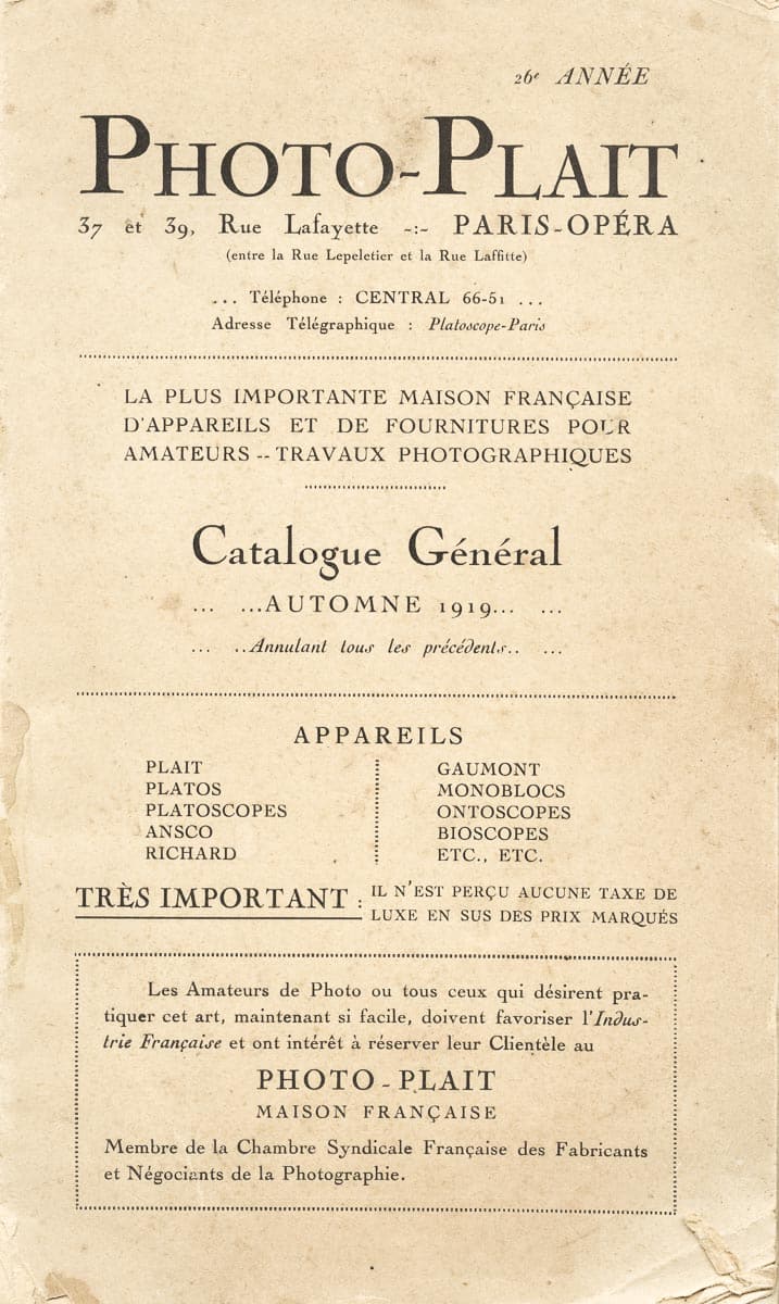 Photo-Plait Catalogue Général 1919